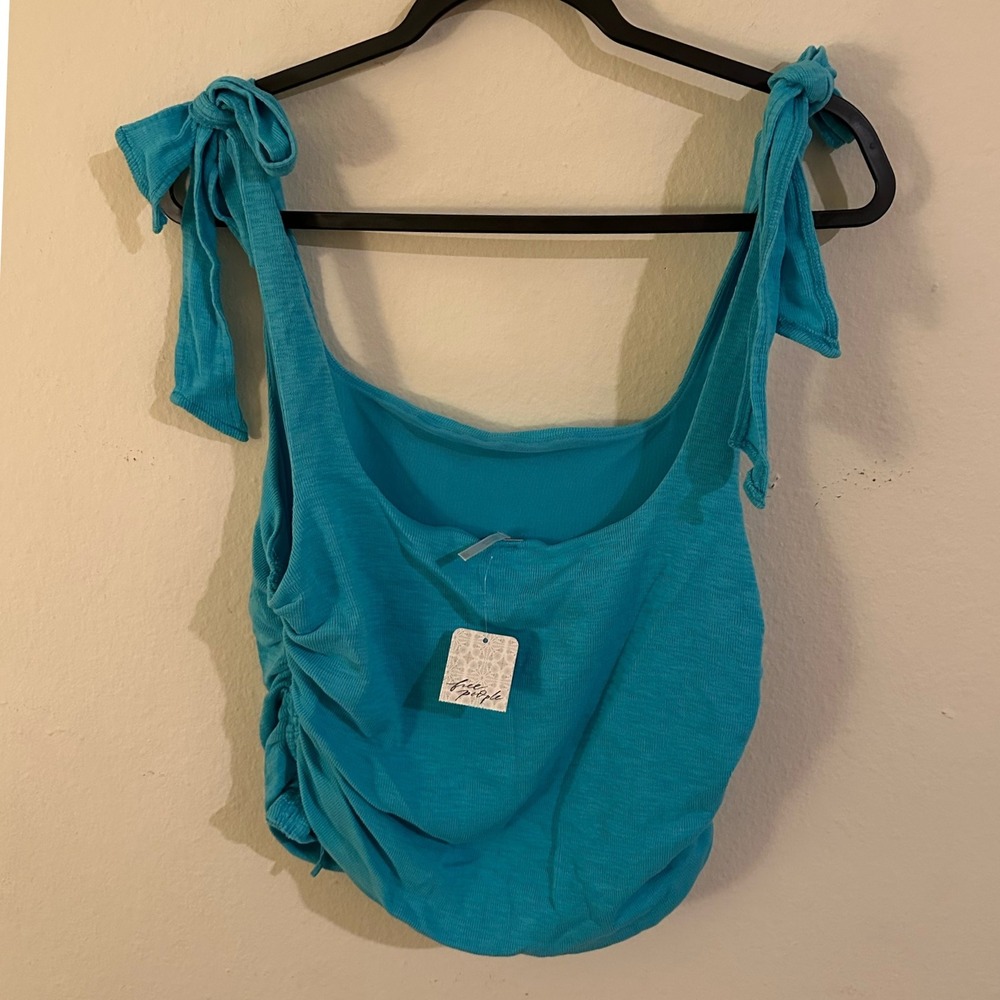 Free People Aqua Tie Strap Ruched Tank Top Sleeveless XL - Picture 2 of 3